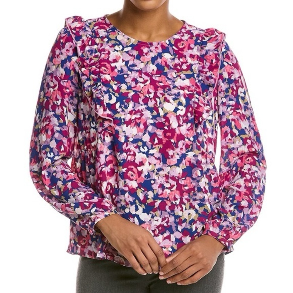 Nanette Lepore Purple Floral Ruffle Shirt Size Large